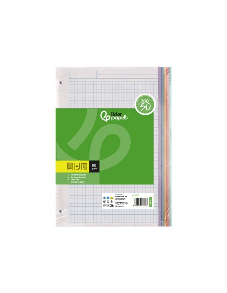 Recambio liderpapel a4 200+50 hojas 90gr cuadro 5mm 4 taladros bandas de 5 colores