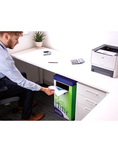 Contenedor papelera reciclaje fellowes carton doble 100% reciclado montaje manual entrada superior 69 litros