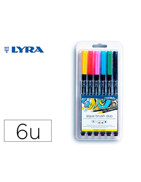 Rotulador lyra aqua brush acuarelable doble punta y pincel tonos primarios blister de 6 unidades