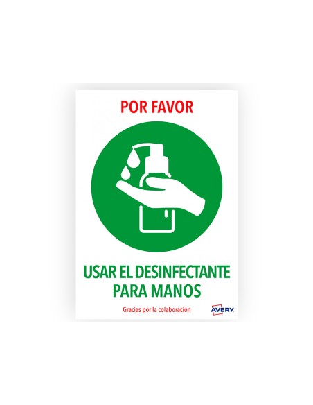 Señal adhesiva avery usar el desinfectante para las manos din a4 resistente a los rayos uv pack de 2 unidades