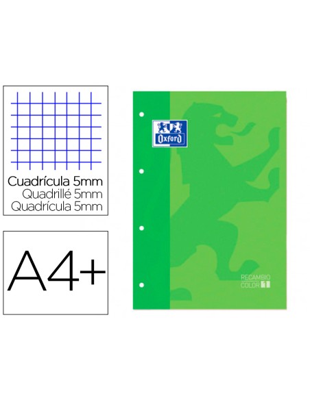 Recambio color 1 oxford din a4+ 80 hojas 90 gr cuadro 5 mm 4 taladros color verde manzana