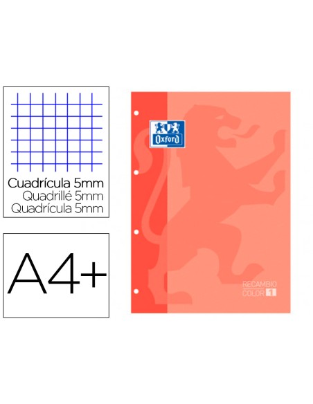 Recambio color 1 oxford din a4+ 80 hojas 90 gr cuadro 5 mm 4 taladros color melocoton