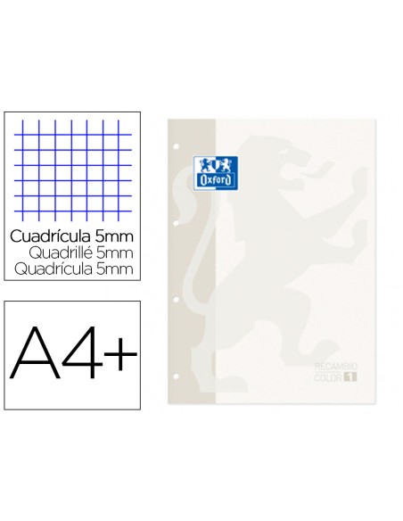 Recambio color 1 oxford din a4+ 80 hojas 90 gr cuadro 5 mm 4 taladros color blanco