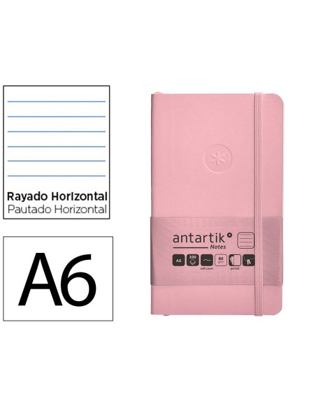 Cuaderno con gomilla antartik notes tapa blanda a6 rayas rosa pastel 100 hojas 80 gr fsc