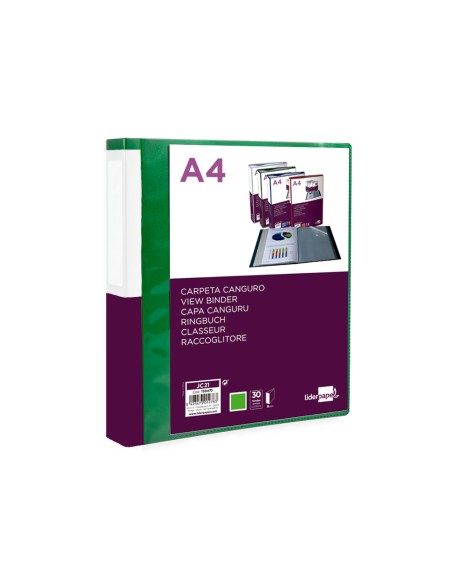 Carpeta liderpapel 30 fundas canguro pp din a4 verde translucido portada y lomo personalizable