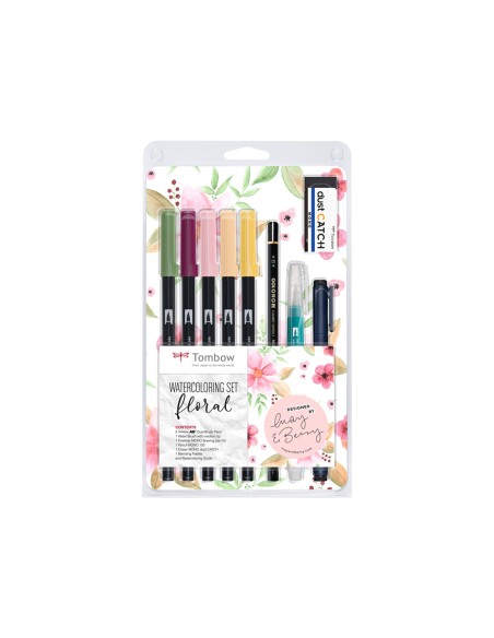 Set watercoloring tombow floral 9 piezas