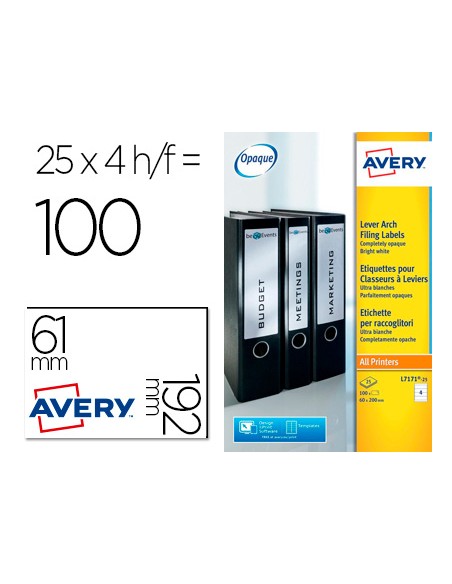 Etiqueta adhesiva avery permanente blanca 61x192 mm para lomo archivador laser caja de 100 unidades