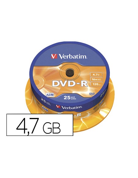Dvd-r verbatim capacidad 4.7gb velocidad 16x 120 min tarrina de 25 unidades