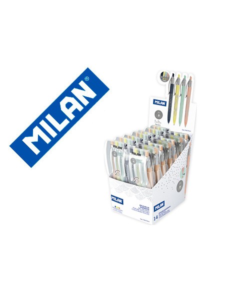 Boligrafo milan p1 silver expositor de 14 unidades retractil 1 mm estuche de 4 unidades colores surtidos