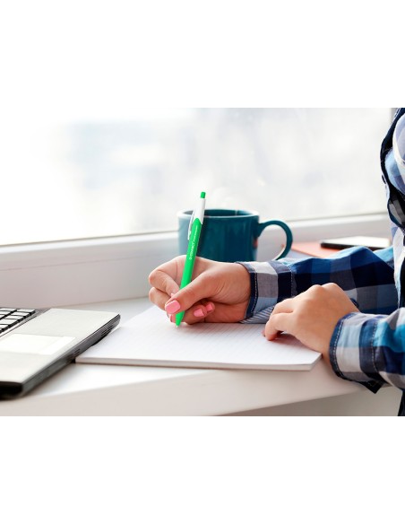 Boligrafo q-connect retractil kf14625 biodegradable verde tinta azul