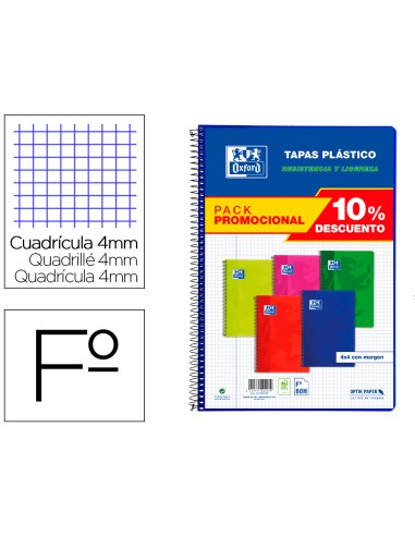 Cuaderno espiral oxford tapa plastico folio 80...