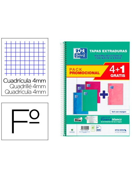 Cuaderno espiral oxford tapa extradura folio 80 hojas cuadro 4 mm con pizarra blancapack 4+1 colores tendencia