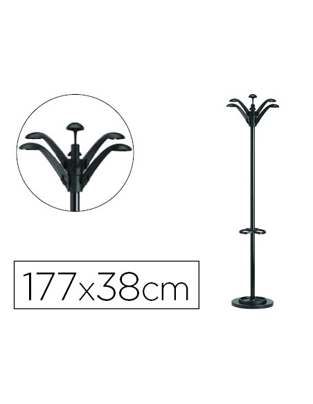 Perchero metalico unilux flora pie 6 colgadores con paraguero y bandeja goteo negro 177x38 cm