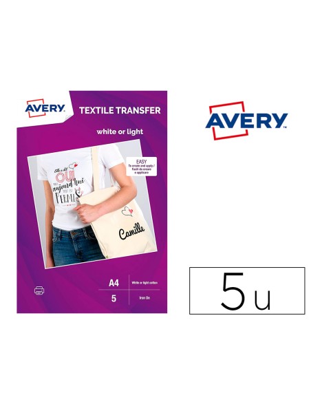 Papel transfer avery algodon claros ink-jet din a4 pack de 5 hojas