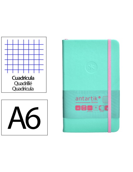 Cuaderno con gomilla antartik notes tapa dura a6 hojas cuadricula rosa y turquesa 100 hojas 80 gr fsc