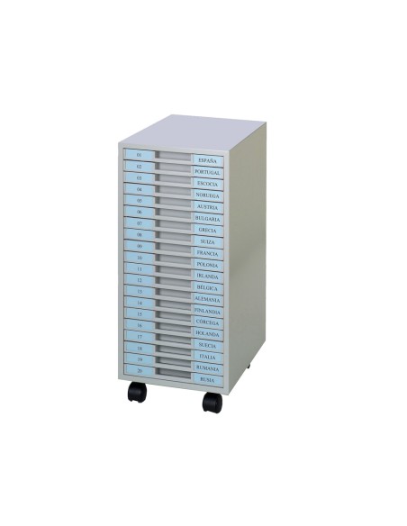 Archivador metalico clen 20 bandejas plastico de 2,5 cm de altura con ruedas color gris claro 680x303x371 mm
