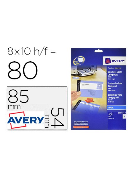 Tarjeta de visita avery blanca mate 85x54 mm 260 gr imprimible doble cara para ink-jet pack de 80 unidades
