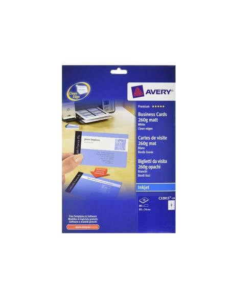 Tarjeta de visita avery blanca mate 85x54 mm 260 gr imprimible doble cara para ink-jet pack de 80 unidades