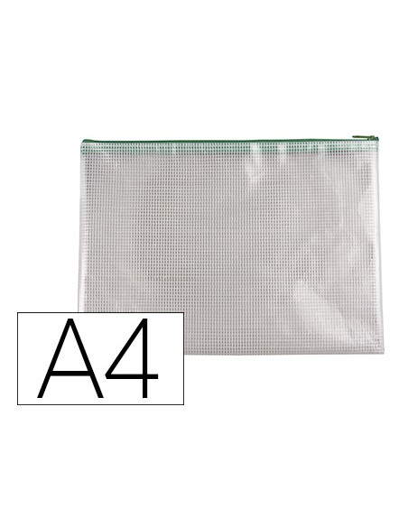 Bolsa multiusos q-connect malla din a4 apertura superiorcon cremallera verde