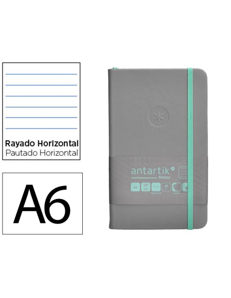 Cuaderno con gomilla antartik notes tapa dura a6 hojas rayas gris y turquesa 100 hojas 80 gr fsc