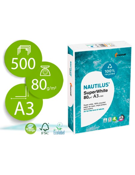 Papel fotocopiadora nautilus superwhite 100% reciclado din a3 80 gramos paquete de 500 hojas