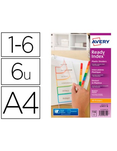 Separador avery polipropileno din a4 6 pestañas...