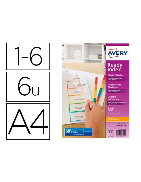 Separador avery polipropileno din a4 6 pestañas imprimibles