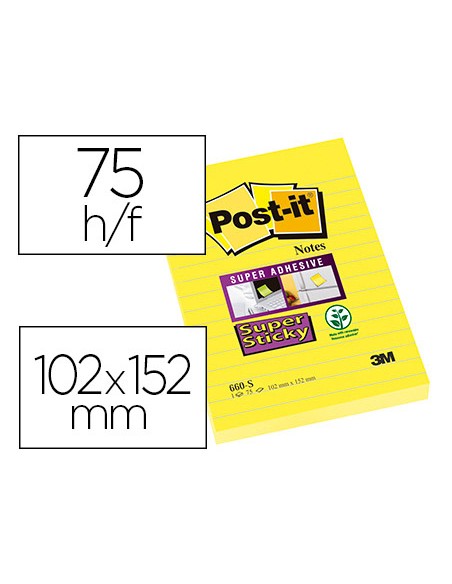 Bloc de notas adhesivas quita y pon post-it super sticky rayado amarillo ultra 101x152 mm