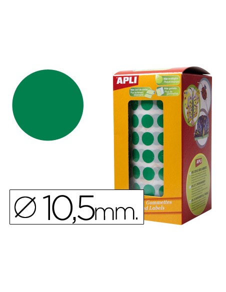 Gomets autoadhesivos circulares 10,5mm verde rollo de 5192 unidades
