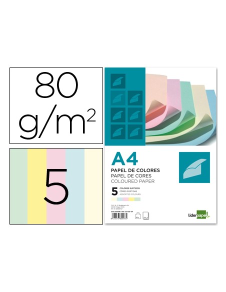Papel color liderpapel a4 80gr 5 colores surtidos paquete de 500 hojas