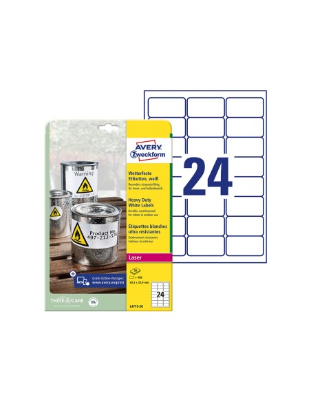 Etiqueta adhesiva resistente avery poliester blanco 3,9 mm 63,5x33,9 mm laser pack de 480unidades