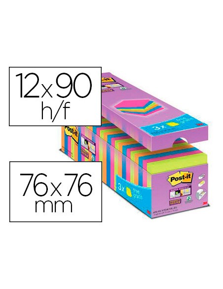 Bloc de notas adhesivas quita y pon post-it super sticky 76x76 mm 90 hojas colores surtidos pack de 21 + 3