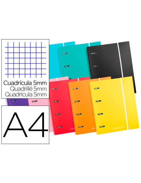 Carpeta con recambio liderpapel a4 cuadro 5 mm 120 hojas 80 g forrada 4 anillas 40 mm redondas colores surtido