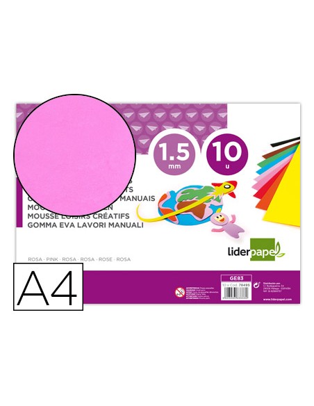 Goma eva liderpapel din a4 60g/m2 espesor 1,5mm rosa paquete de 10 hojas