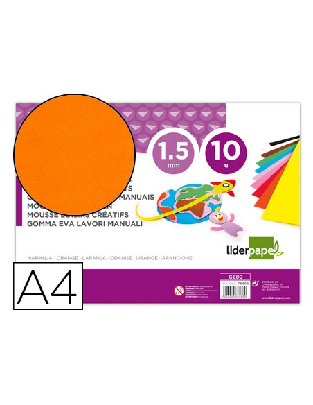 Goma eva liderpapel din a4 60g/m2 espesor 1,5mm naranja paquete de 10 hojas