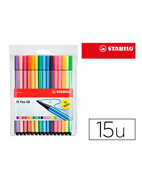 Rotulador stabilo acuarelable pen 68 estuche de 10 colores estandar + 5 colores neon