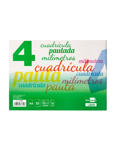 Libreta liderpapel pautaguia tapa cartoncillo 32 hojas din a5 70 gr cuadriculado pautado 4 mm apaisado con margen