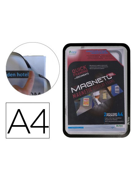 Marco porta anuncios djois magneto din a4 con 4 bandas magneticas en el dorso color negro pack de 2 unidades