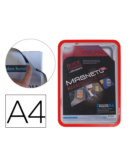Marco porta anuncios djois magneto din a4 con 4 bandas magneticas en el dorso color rojo pack de 2 unidades