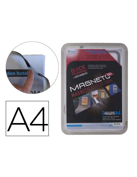Marco porta anuncios djois magneto din a4 con 4 bandas magneticas en el dorso color plata pack de 2 unidades