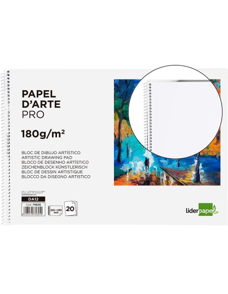 Bloc dibujo liderpapel artistico espiral 230x325mm 20 hojas 180g/m2 sin recuadro perforado