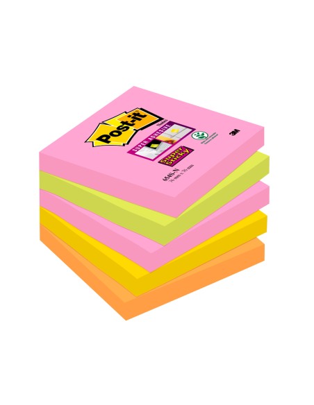 Bloc de notas adhesivas quita y pon post-it super sticky 76x76 mm con 90 hojas pack de 5 bloc colores surtidos