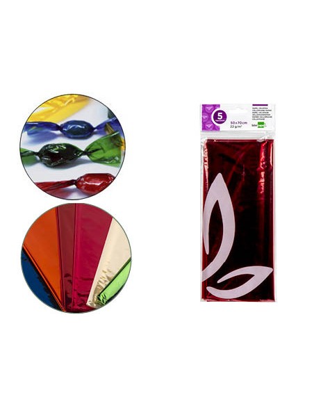 Papel celofan liderpapel 50x70 cm 22 g bolsa de 5 hojas rojo