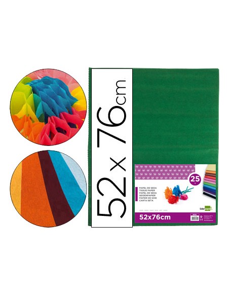 Papel seda liderpapel verde oscuro 52x76cm 18 gr/m2 paquete de 25 hojas
