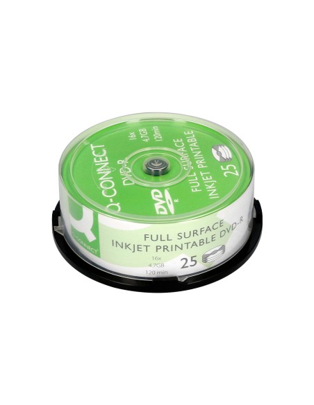 Dvd-r q-connect con superficie 100% imprimible para inkjet capacidad 4,7gb duracion 120mivelocidad 16x bote de 25 unid