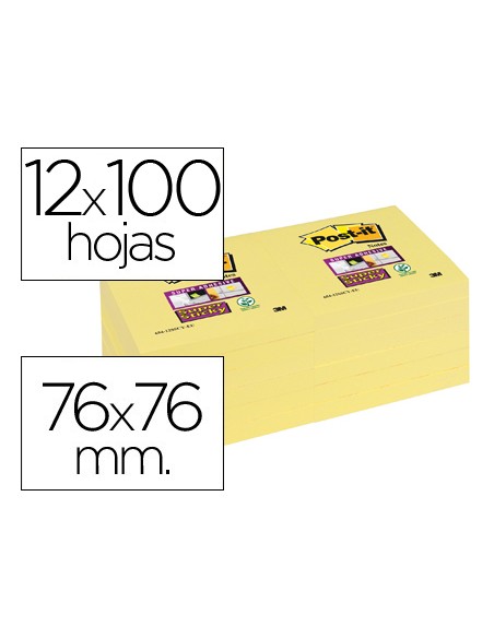 Bloc de notas adhesivas quita y pon post-it super sticky 76x76 mm con 12 bloc amarillo canario