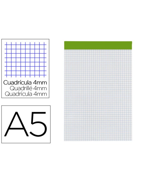 Bloc notas liderpapel cuadro 4 mm a5 80 hojas 60 g/m2 perforado sin tapa