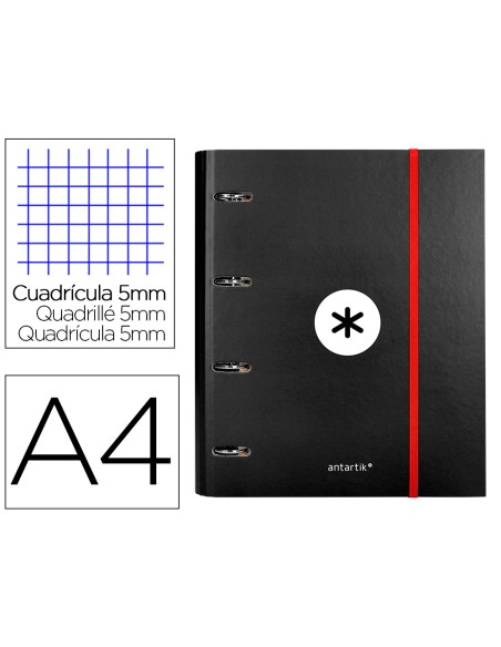 Carpeta con recambio antartik a4 cuadro 5mm forrada 4 anillas 40mm redondas con solapa color negro