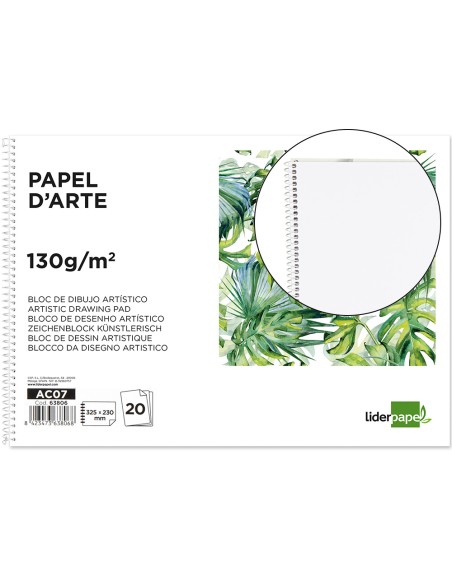 Bloc dibujo liderpapel artistico espiral 230x325mm 20 hojas 130g/m2 sin recuadro sin microperforado
