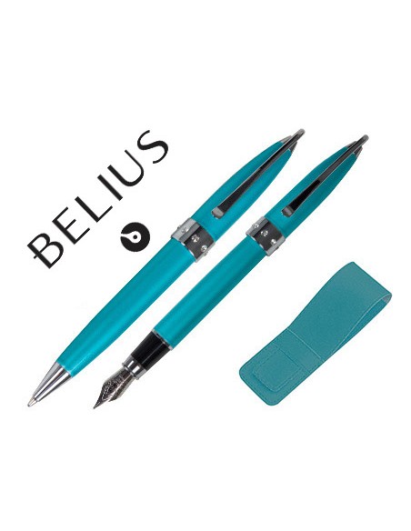 Juego de boligrafo y pluma belius brena turquesa lacado con cristal en la anilla central en estuche